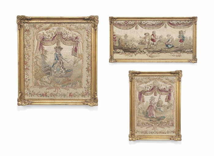 A SET OF THREE LOUIS XVI AUBUSSON TAPESTRY PANELS 
LATE 18TH  EARLY 19TH CENTURY 
Depicting children