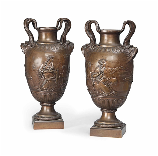 A PAIR OF FRENCH BRONZE URNS 
BY THE BARBEDIENNE FOUNDRY, PARIS, THIRD QUARTER 19TH CENTURY, IN