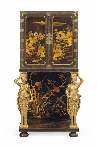 A CHINESE EXPORT METAL-MOUNTED, BLACK AND GILT LACQUER AND GILTWOOD CABINET-ON-STAND
THE CABINET AND