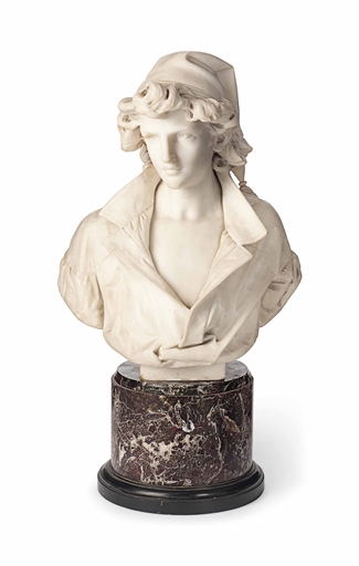 AN ITALIAN MARBLE BUST OF A YOUTH 
LATE 19TH CENTURY 
Modelled wearing a hat, on a breccia and black