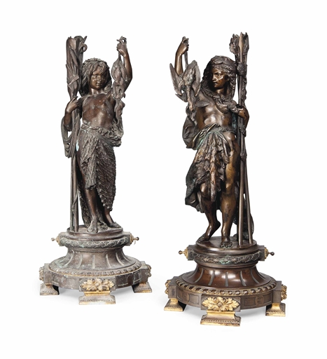 A PAIR OF FRENCH BRONZE ALLEGORICAL FIGURES OF HUNTING AND FISHING 
CIRCA 1900, AFTER ALBERT