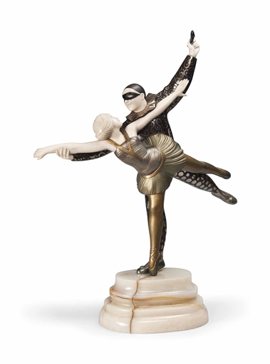 'PIERROT & COLOMBINE', AN ALEXANDRE KÉLÉTY (1918-1940) COLD-PAINTED, SILVERED AND GILT BRONZE AND