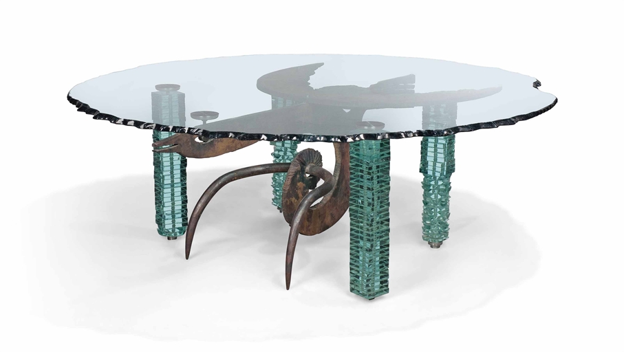 A DANNY LANE (B.1955) FLOAT GLASS AND MILD-STEEL 'BIRD' DINING TABLE 
1998 
The large top with