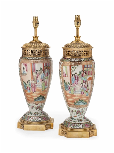 A PAIR OF CANTONESE GILT-BRONZE MOUNTED FAMILLE ROSE PORCELAIN VASE LAMPS
THE PORCELAIN LATE 19TH