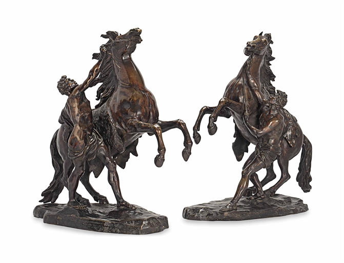 A PAIR OF FRENCH BRONZE MARLY HORSE GROUPS 
LATE 19TH CENTURY, AFTER GUILLAUME COUSTOU (1677-