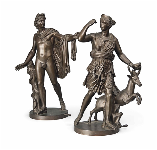 A PAIR OF FRENCH BRONZE MODELS OF THE APOLLO BELVEDERE AND DIANA THE HUNTRESS
SECOND HALF 19TH