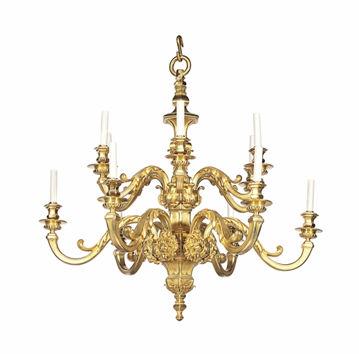 A GILT-BRONZE TWELVE-LIGHT CHANDELIER 
SECOND HALF 20TH CENTURY 
With two tiers of acanthus-leaf