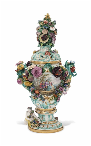 A LARGE MEISSEN FRUIT AND FLOWER-ENCRUSTED TWO-HANDLED POT-POURRI VASE AND COVER
CIRCA 1860, BLUE