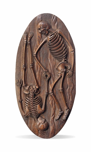 A RELIEF CARVED OAK PANEL DEPICTING SKELETAL FIGURES 
19TH CENTURY 
Modelled as the 'The Dance of