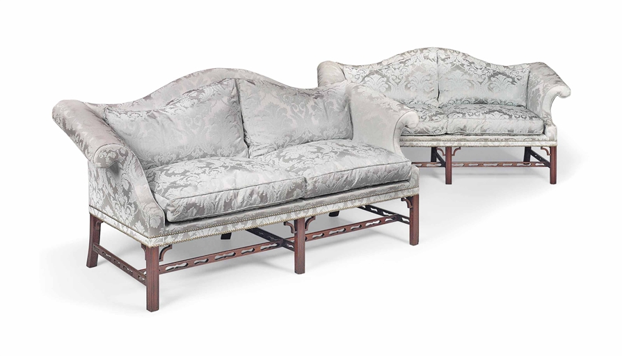 A PAIR OF MAHOGANY SOFAS 
OF GEORGE III STYLE, LATE 20TH CENTURY 
Each covered in pale blue damask