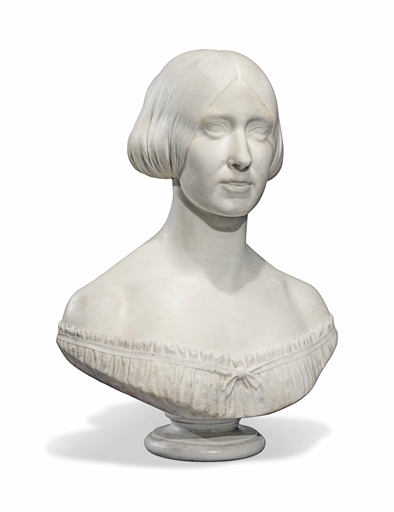 AN ITALIAN MARBLE BUST OF A LADY 
BY MARIUS RAGGI, 1851 
Modelled wearing her hair in a chignon,