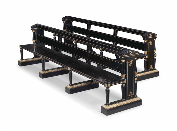 A PAIR OF LATE VICTORIAN EBONISED AND GILT-COMPOSITION-MOUNTED BENCHES 
LATE 19TH CENTURY 
In the