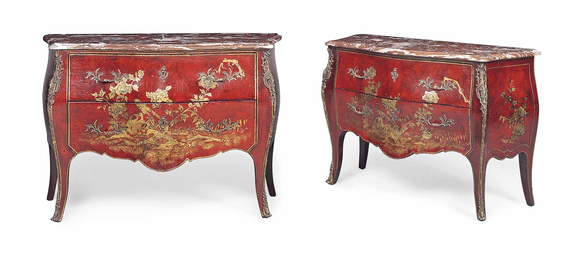A PAIR OF CHINOISERIE GILT-METAL MOUNTED RED JAPANNED SERPENTINE COMMODES
OF LOUIS XV STYLE,