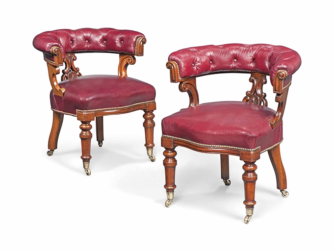 A PAIR OF EARLY VICTORIAN WALNUT DESK CHAIRS 
MID-19TH CENTURY 
Each newly upholstered in red