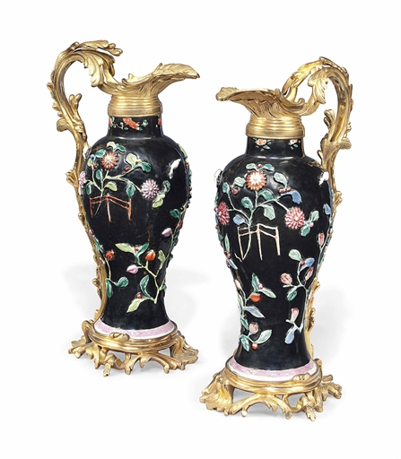 A PAIR OF CHINESE GILT-BRONZE MOUNTED FAMILLE ROSE PORCELAIN VASES 
THE PORCELAIN 18TH CENTURY,