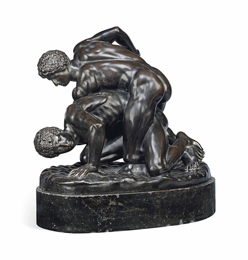A BRONZE GROUP OF THE TWO WRESTLERS 
EARLY 20TH CENTURY 
After the Antique, on a marble plinth