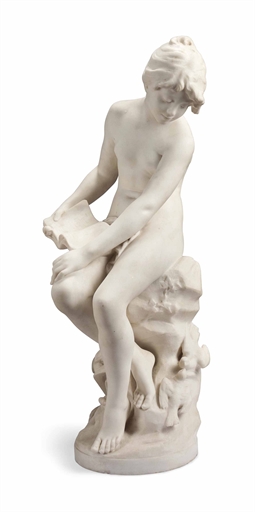 A FRENCH MARBLE GROUP OF A YOUNG GIRL 
CIRCA 1900, AFTER MOREAU 
Modelled seated nude on a tree
