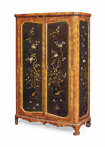 A LOUIS XV KINGWOOD AND MOTHER-OF-PEARL INLAID BLACK JAPANNED ARMOIRE 
BY HUBERT HANSEN, MID-18TH