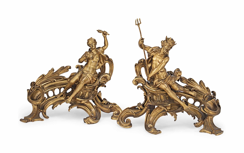 A PAIR OF FRENCH GILT-BRONZE FIGURAL CHENETS 
LAST QUARTER 19TH CENTURY 
Modelled as Neptune and