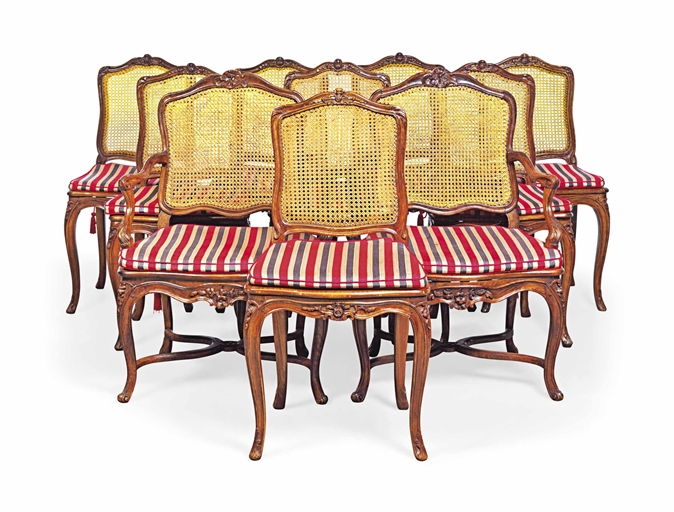 A SET OF TEN STAINED BEECHWOOD DINING CHAIRS 
SIX LOUIS XV BY RENE CRESSON (1705-1749), CIRCA