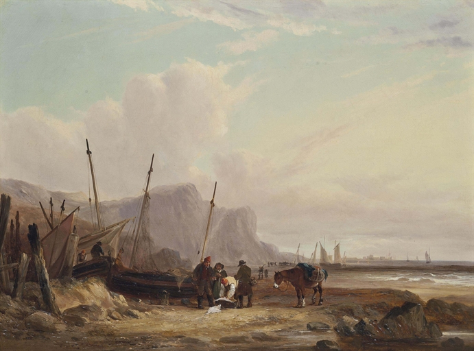 William Shayer, Sen. (1788-1879) 
Fishermen sorting their catch on the beach at low tide 
signed and