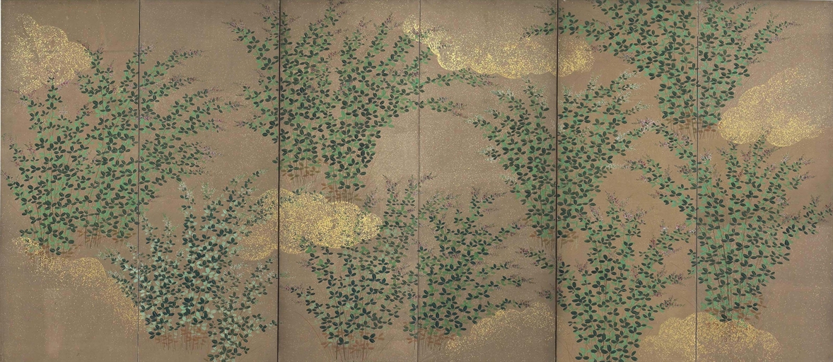 A Japanese Six-Fold Screen 
Edo period (19th century) 
Colour and gold on paper, with hagi [