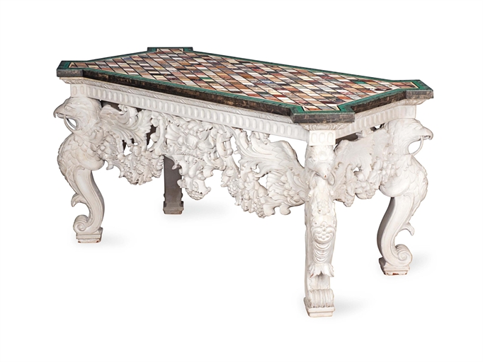 A GREY-PAINTED AND SPECIMEN MARBLE CONSOLE TABLE 
LATE 20TH CENTURY 
The top inlaid with a lozenge