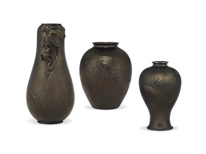 Three Japanese Bronze Vases 
Meiji - Showa period (late 19th - mid-20th century) 
One of gourd