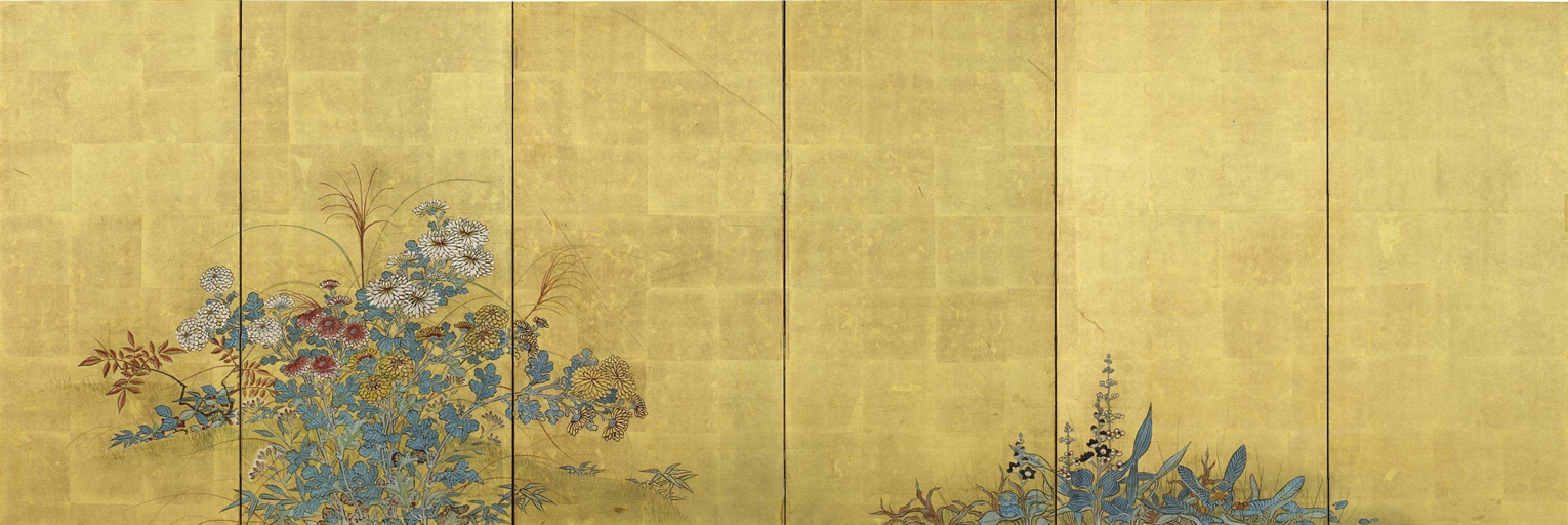 A Japanese Six-Fold Screen 
Taisho period (20th century) 
Ink and colour on a gold leaf ground,