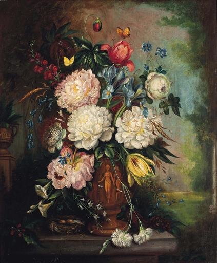 Manner of Jan van Huysum, 20th Century 
Roses, peonies, iris, tulips, carnations, convolvulus and