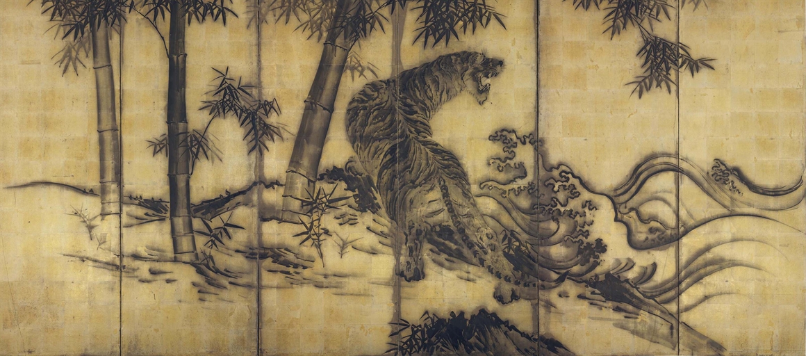 A Japanese Six-Fold Screen 
Meiji period (early 20th century) 
Ink on a gold leaf ground, with a