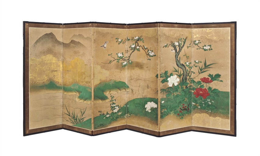 A Japanese Six-Fold Screen 
Edo Period (18th - 19th century) 
Ink, colour and gold leaf on paper,