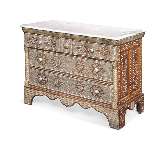 A SYRIAN MOTHER-OF-PEARL, WHITE METAL AND BONE-INLAID HARDWOOD CHEST 
SECOND HALF 20TH CENTURY