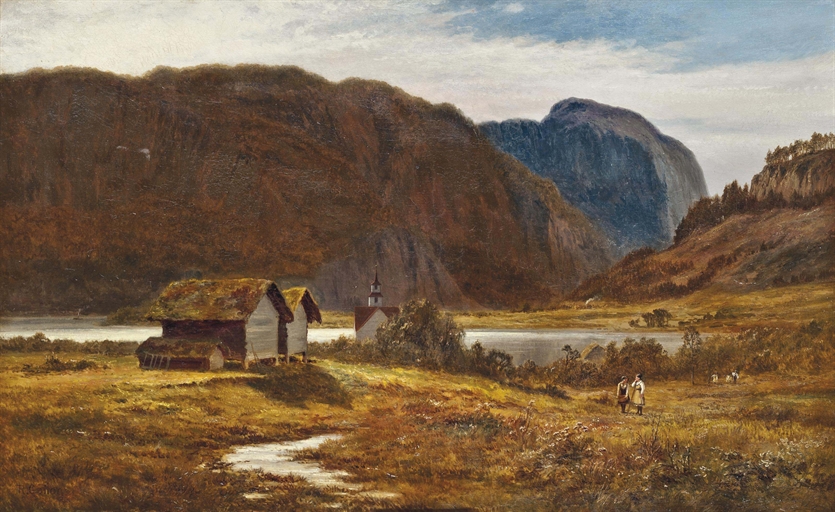 Robert Gallon (1845-1925) 
On the shores of a lake, with a church beyond, Bygland, Norway; and Berry