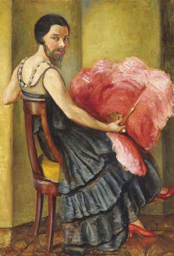 A bearded lady holding an ostrich feather fan 
Hélène Detroyat (French, 1899-1951) 
signed and dated