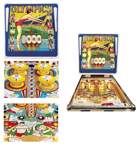 AN ELECTRO-MECHANICAL OLYMPICS PINBALL MACHINE 
MADE BY GOTTLIEB, 1962 
A 'Wedgehead' style game,