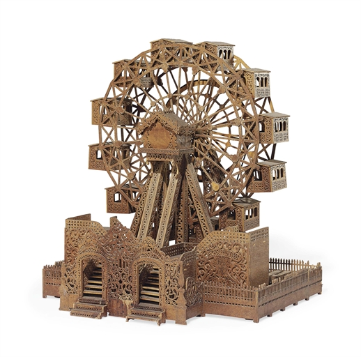 A FRENCH OPERATIONAL WOOD MAQUETTE OF A FERRIS WHEEL 
CIRCA 1900 
Modelled with finely carved