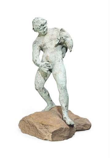 A NEAPOLITAN BRONZE MODEL OF A FAUN WITH A WINE-SACK 
EARLY 20TH CENTURY 
After the Antique on a