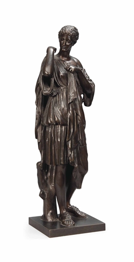 A FRENCH BRONZE MODEL OF DIANA DE GABIES 
LATE 19TH CENTURY 
After the Antique, on an integral