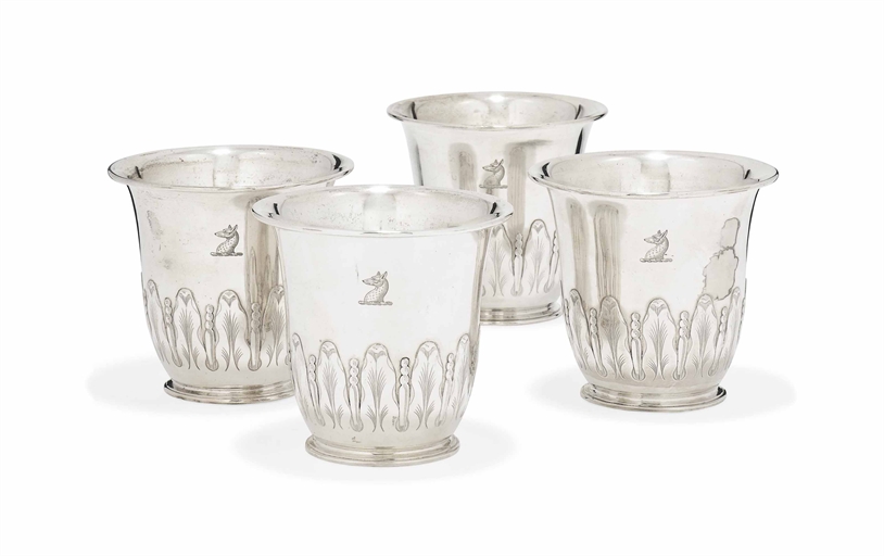 A SET OF FOUR SILVER FERN POTS 
MARK OF GOLDSMITHS AND SILVERSMITHS CO. LTD., LONDON, 1913 
On
