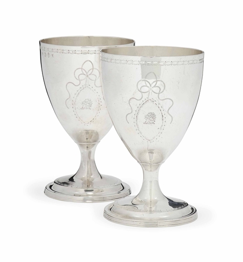 A PAIR OF GEORGE III IRISH SILVER GOBLETS 
MARK OF MATTHEW WEST, DUBLIN, 1788 
On pedestal foot with