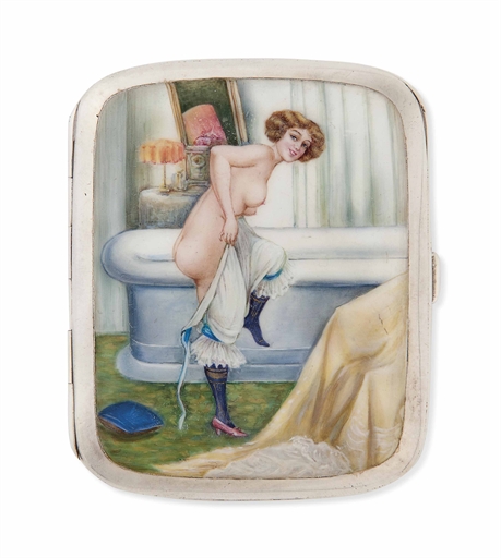 A GERMAN SILVER AND ENAMEL CIGARETTE CASE 
CIRCA 1920 
Cover enamelled with a nude with bobbed