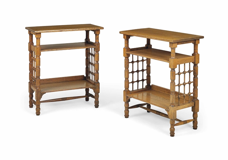 A PAIR OF ARTS AND CRAFTS OAK SIDE TABLES 
RETAILED BY LIBERTY, CIRCA 1900 
Each on turned supports,