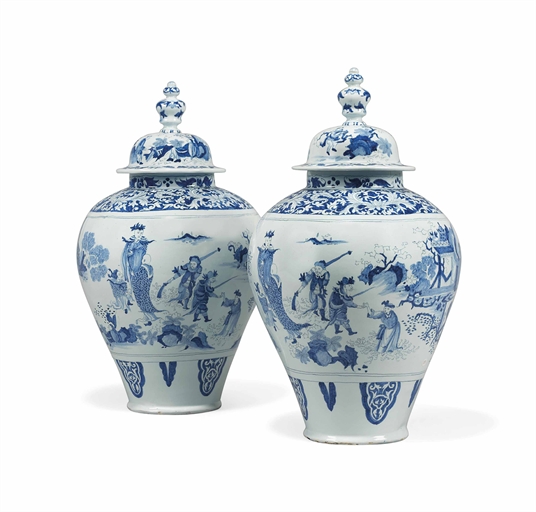 A PAIR OF DUTCH DELFT BLUE AND WHITE VASES AND COVERS 
CIRCA 1770, PAINTED AP MARK FOR ANTHONY