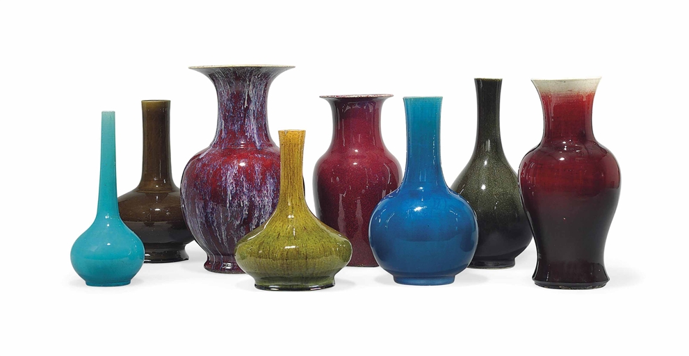 A COLLECTION OF EIGHT MONOCHROME AND FLAMBE-GLAZED VASES 
18TH CENTURY AND LATER 
Each of varying