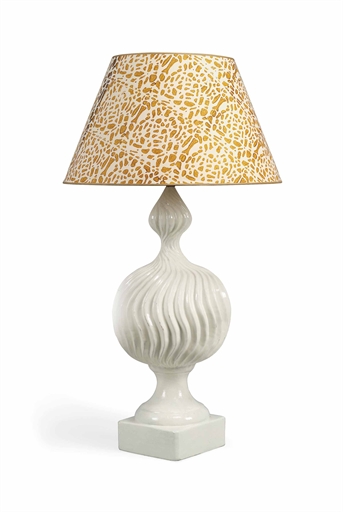 AN ITALIAN WHITE GLAZED PORCELAIN VASE LAMP 
CIRCA 1950-60 
With deep spiral moulding, fitted for