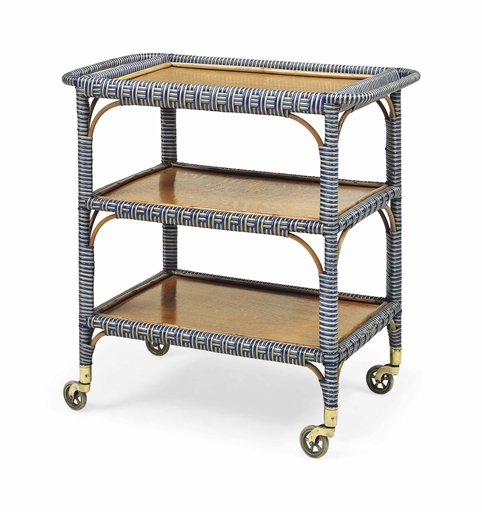 AN ENGLISH SILVER AND BLUE PAINTED RATTAN-COVERED OAK AND BAMBOO DRINKS TROLLEY
CIRCA 1930 
With two