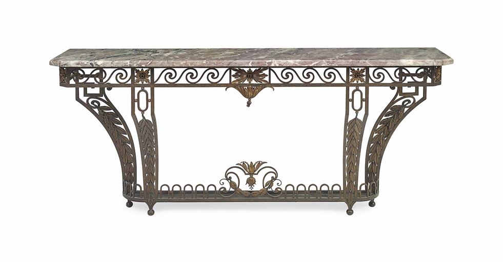 A FRENCH PARCEL-GILT WROUGHT-IRON CONSOLE TABLE 
FIRST-HALF 20TH CENTURY, IN THE MANNER OF GILBERT