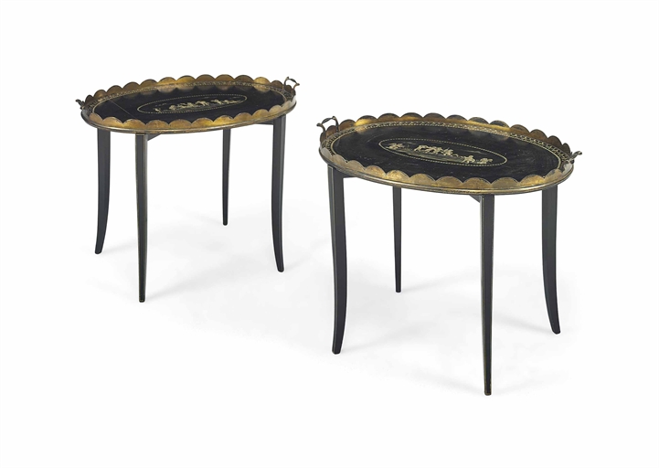 A PAIR OF BRASS-MOUNTED EBONISED TRAY TABLES 
THE TRAYS, LATE 19TH/EARLY 20TH CENTURY 
Each with