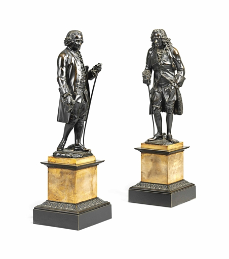 A PAIR OF CHARLES X BRONZE FIGURES OF VOLTAIRE AND ROUSSEAU 
CIRCA 183O, AFTER THE MODEL BY JEAN-